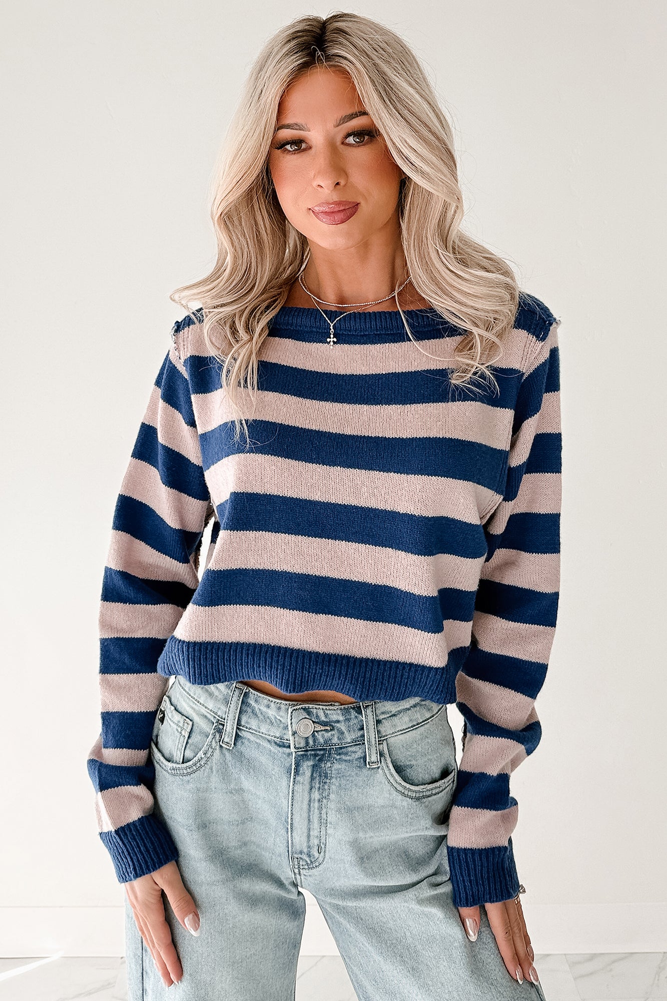 Wishing Well Stripe Boat Neck Sweater (Cobalt/Dusty Pink) - NanaMacs