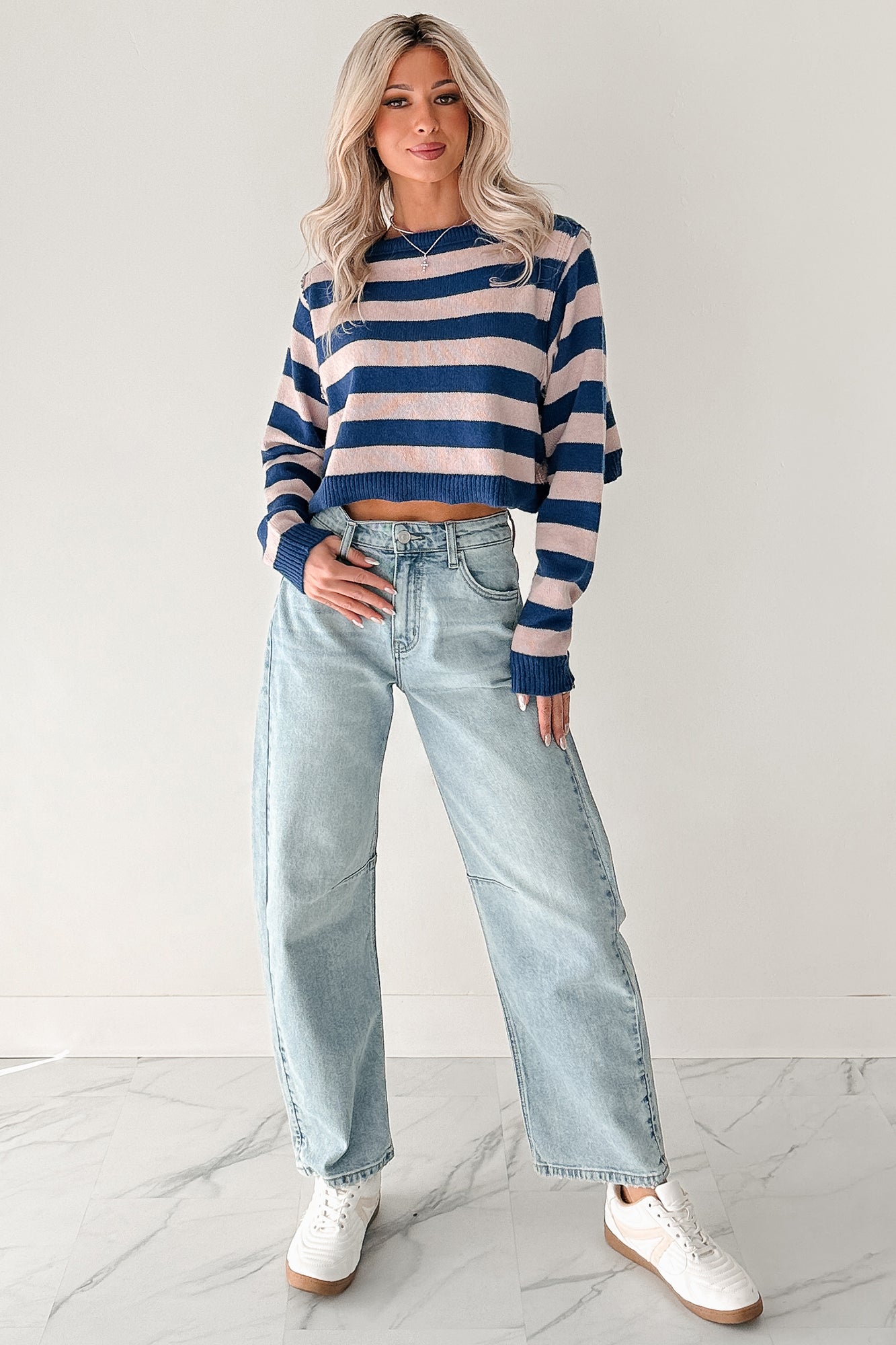 Wishing Well Stripe Boat Neck Sweater (Cobalt/Dusty Pink) - NanaMacs