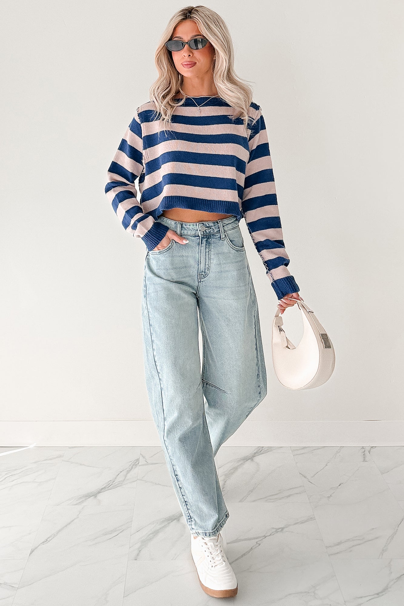 Wishing Well Stripe Boat Neck Sweater (Cobalt/Dusty Pink) - NanaMacs