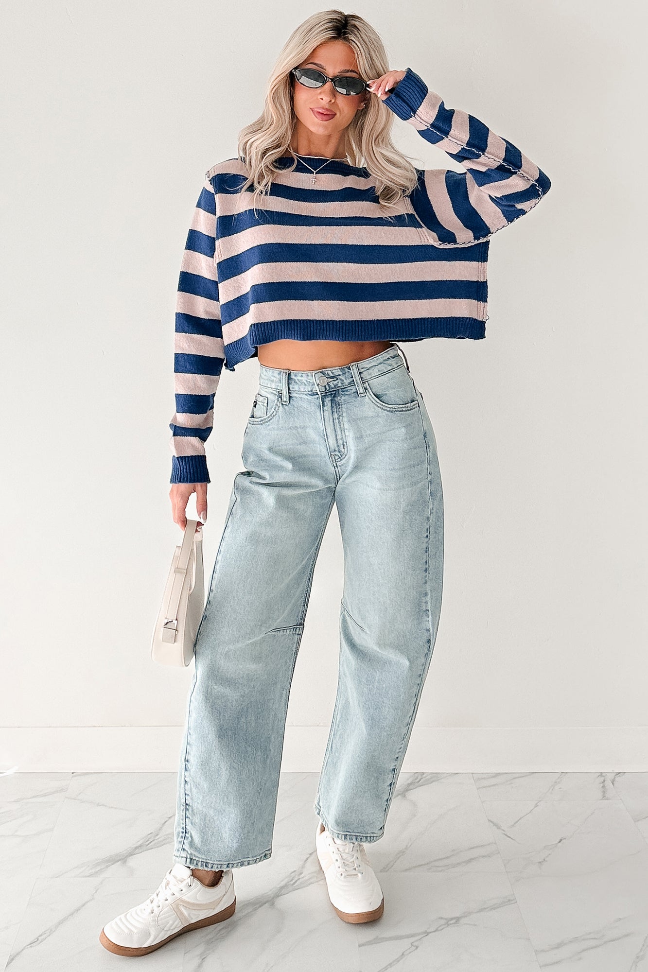 Wishing Well Stripe Boat Neck Sweater (Cobalt/Dusty Pink) - NanaMacs