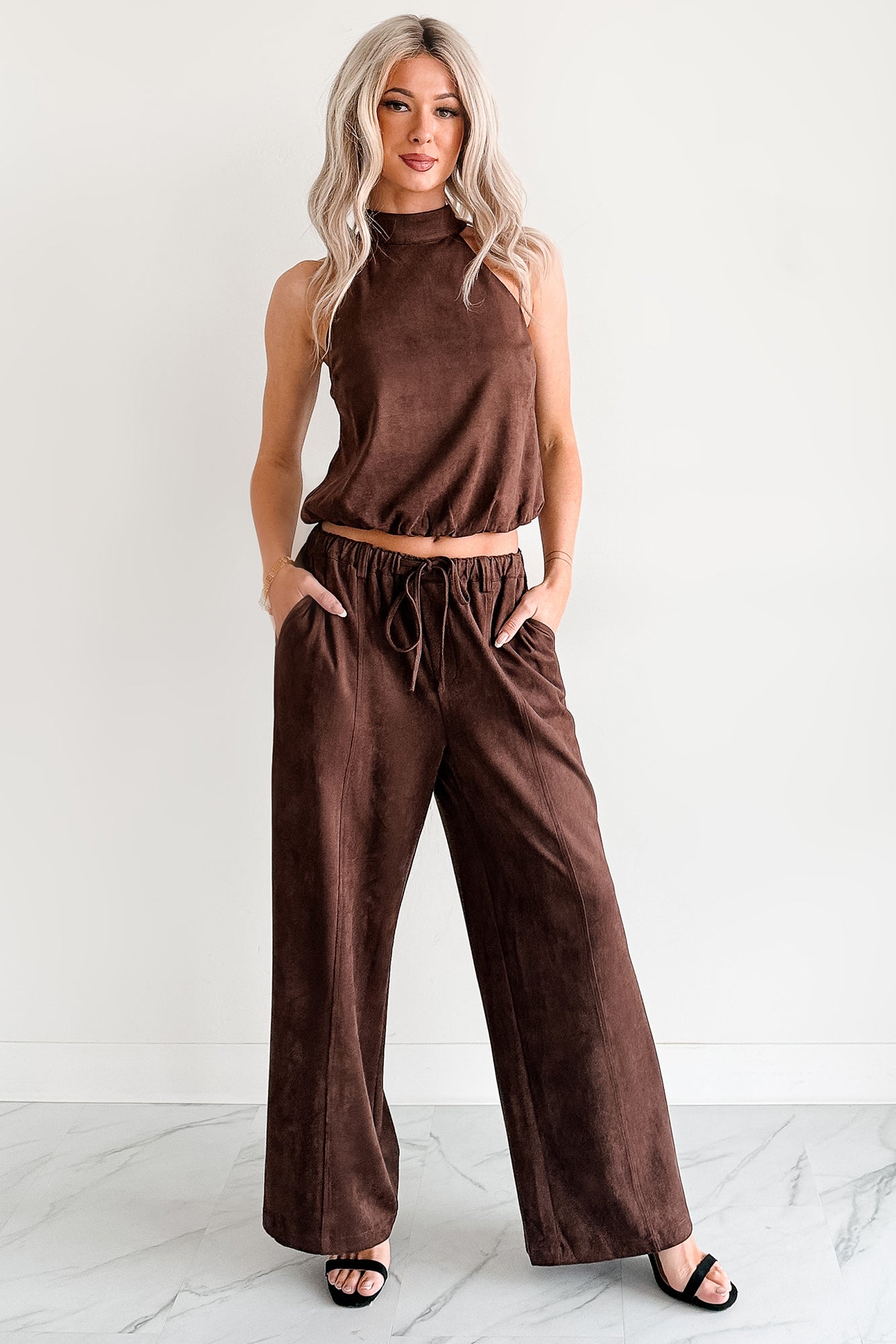 Daily Standard Faux Suede Wide Leg Pants (Brown) - NanaMacs