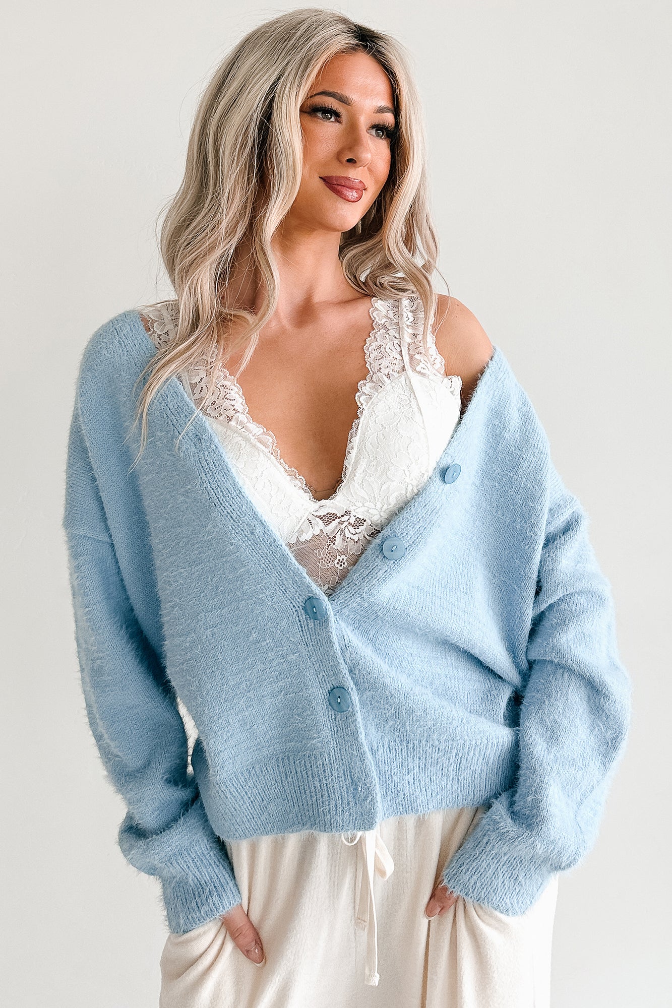 Perfected Comfort Fuzzy V-Neck Cardigan (Light Blue) - NanaMacs