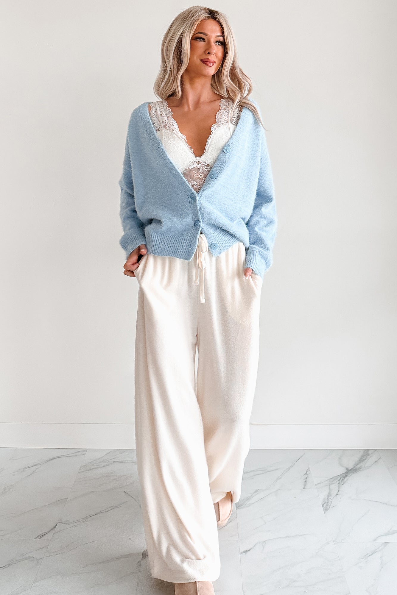 Perfected Comfort Fuzzy V-Neck Cardigan (Light Blue) - NanaMacs