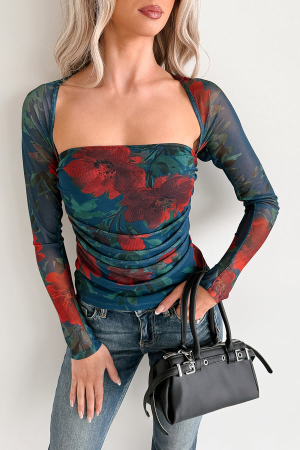 Fell In Love Floral Mesh Long Sleeve Top (Blue) - NanaMacs