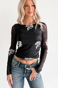 Call Me Up Floral Print Long Sleeve Mesh Top (Black) - NanaMacs