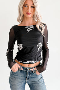 Call Me Up Floral Print Long Sleeve Mesh Top (Black) - NanaMacs