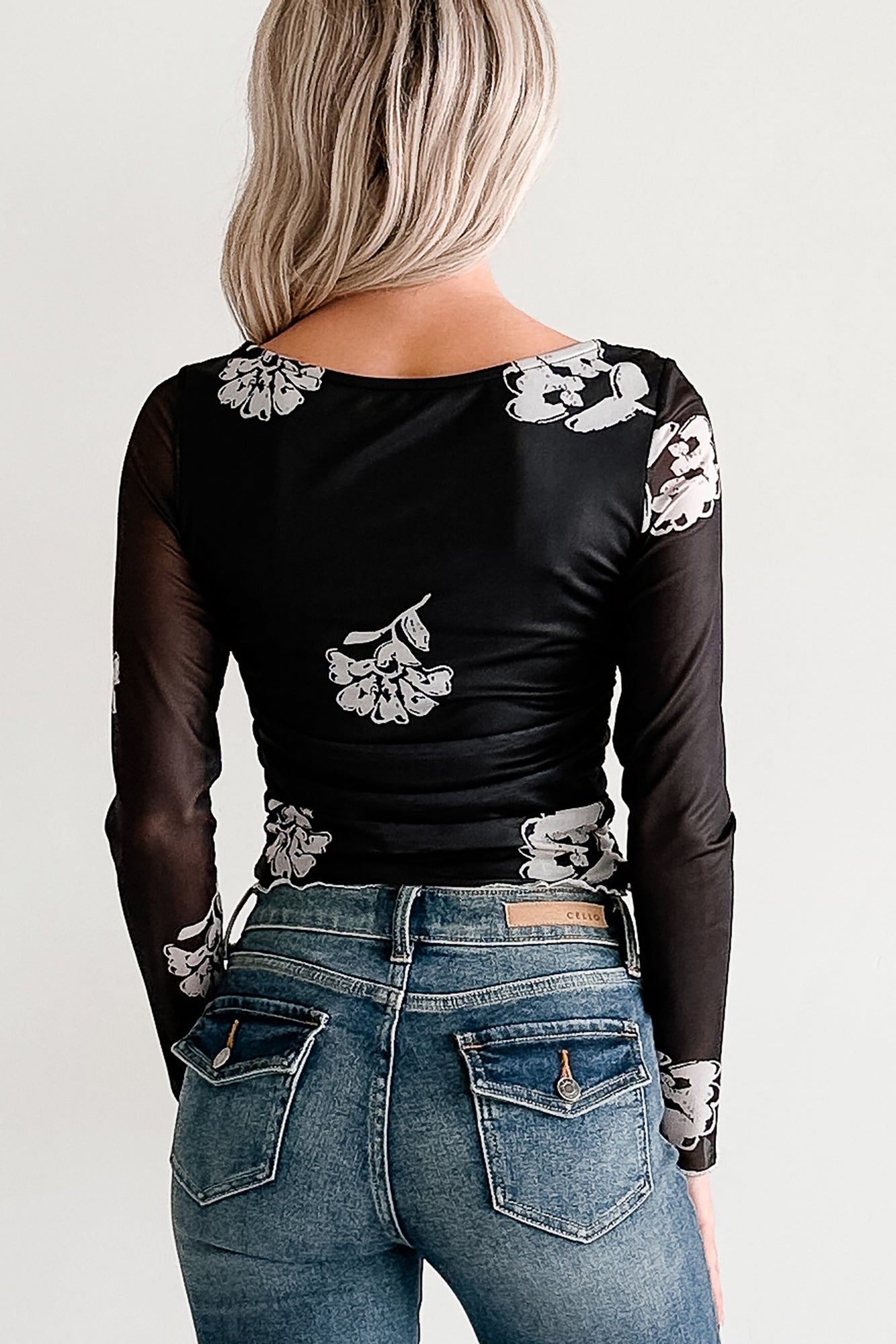 Call Me Up Floral Print Long Sleeve Mesh Top (Black) - NanaMacs