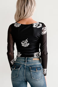 Call Me Up Floral Print Long Sleeve Mesh Top (Black) - NanaMacs