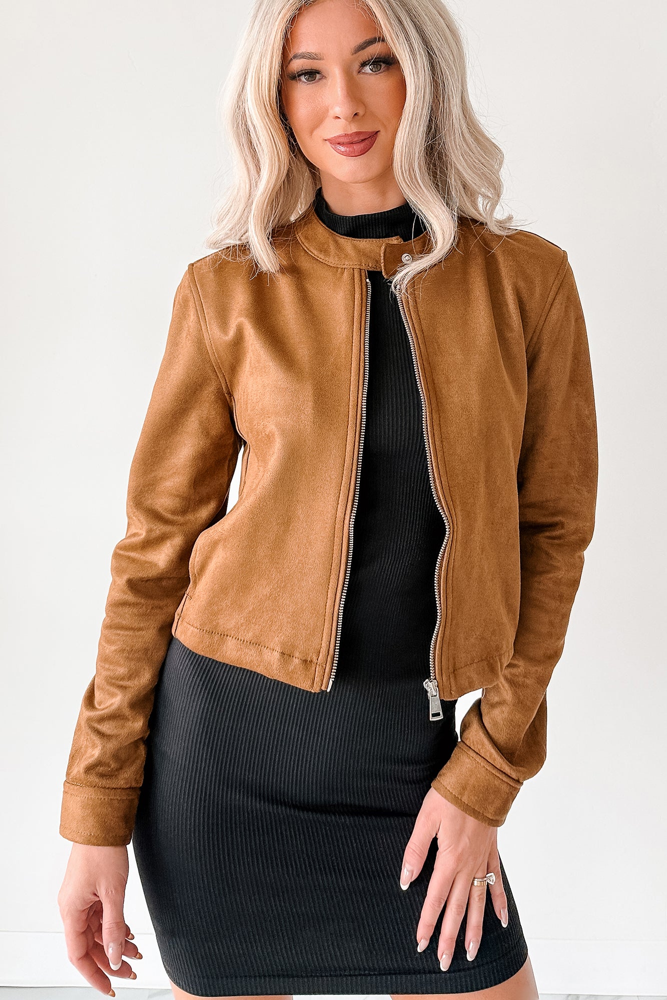 Plain & True Faux Suede Zip-Up Jacket (Camel) - NanaMacs