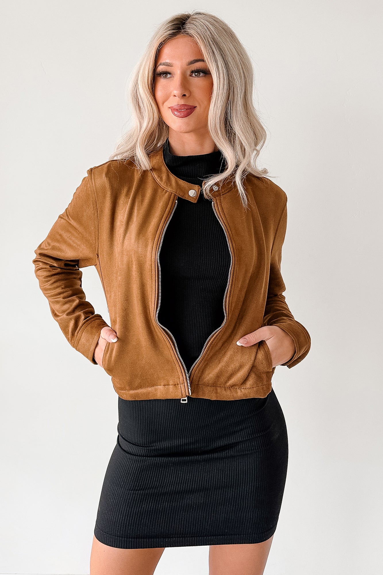 Plain & True Faux Suede Zip-Up Jacket (Camel) - NanaMacs