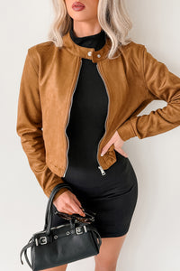 Plain & True Faux Suede Zip-Up Jacket (Camel) - NanaMacs