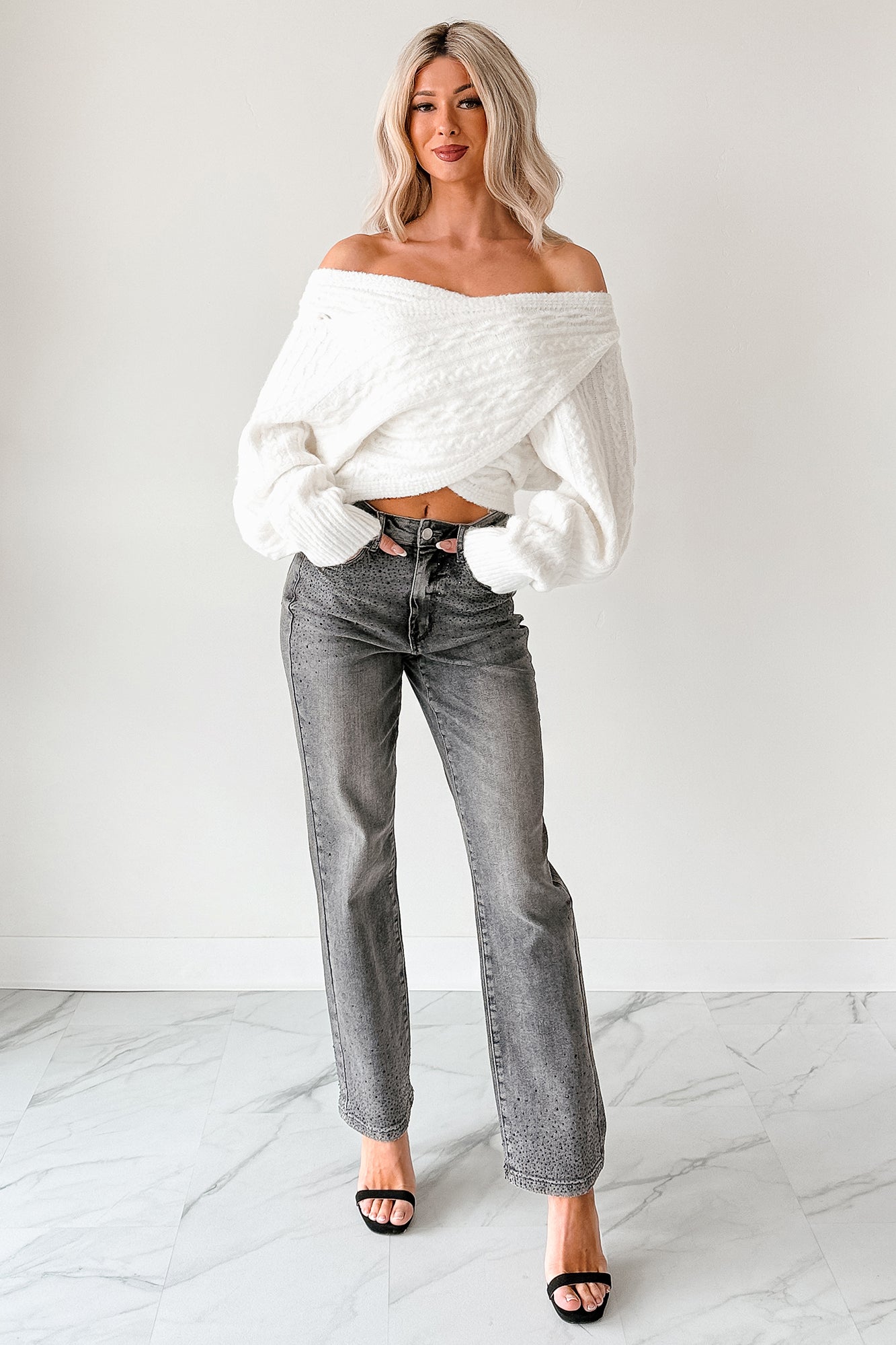 Kourtney Judy Blue Rhinestone Detail Straight Leg Jeans (Grey) - NanaMacs