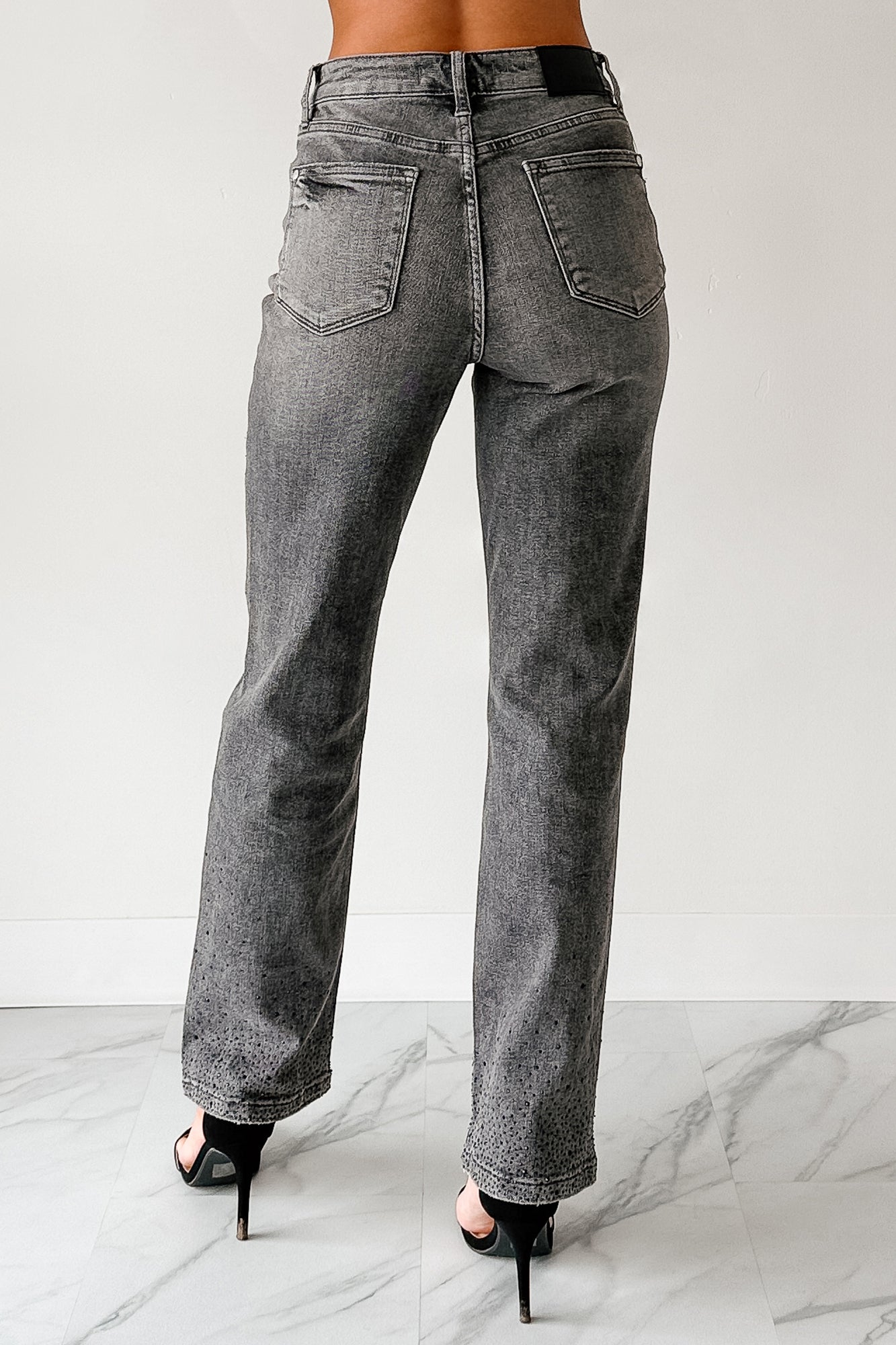Kourtney Judy Blue Rhinestone Detail Straight Leg Jeans (Grey) - NanaMacs