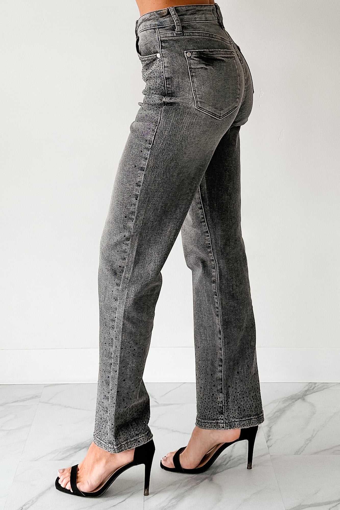 Kourtney Judy Blue Rhinestone Detail Straight Leg Jeans (Grey) - NanaMacs