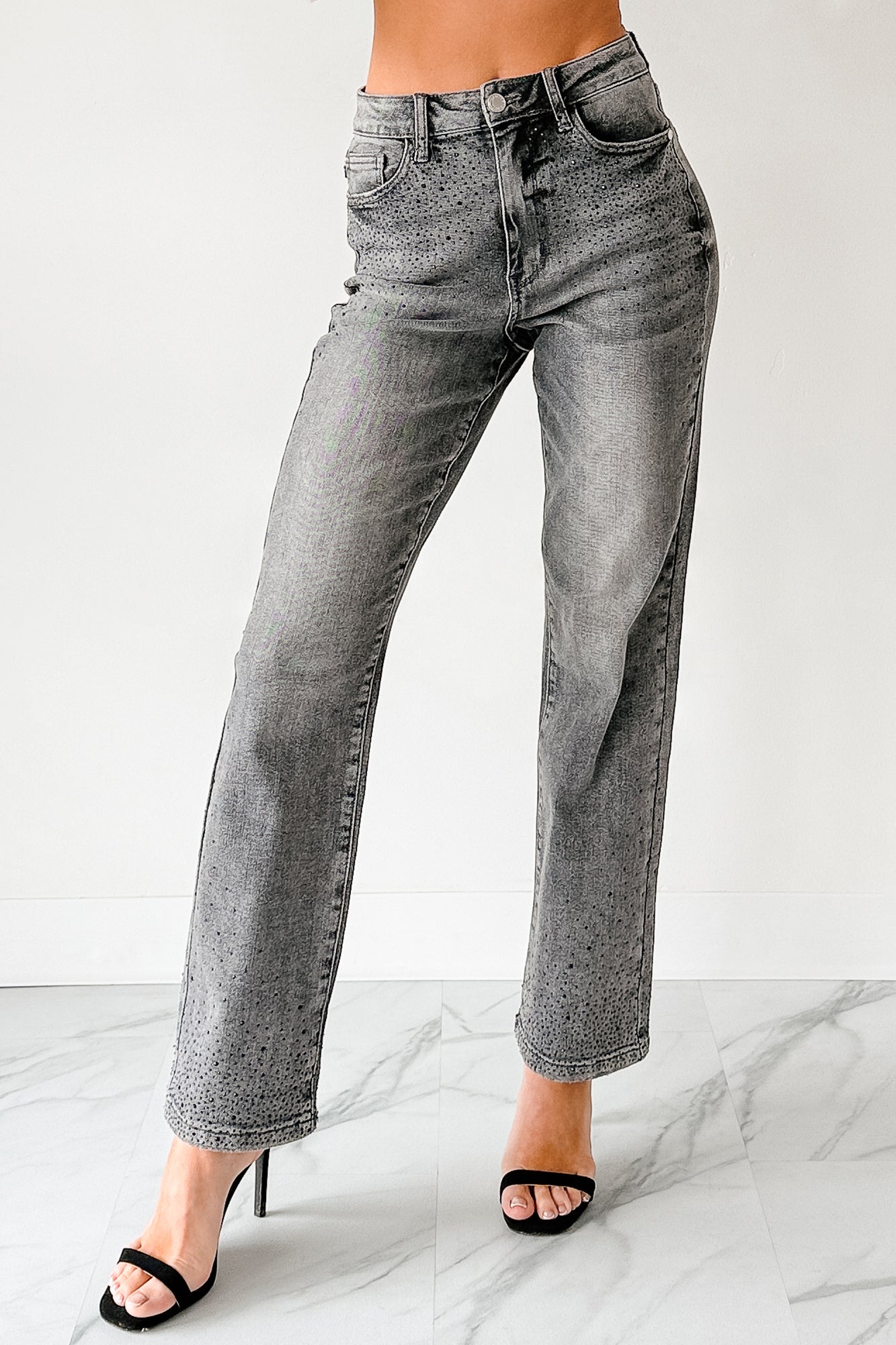 Kourtney Judy Blue Rhinestone Detail Straight Leg Jeans (Grey) - NanaMacs
