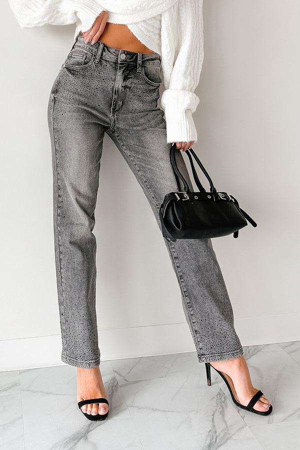 Kourtney Judy Blue Rhinestone Detail Straight Leg Jeans (Grey)