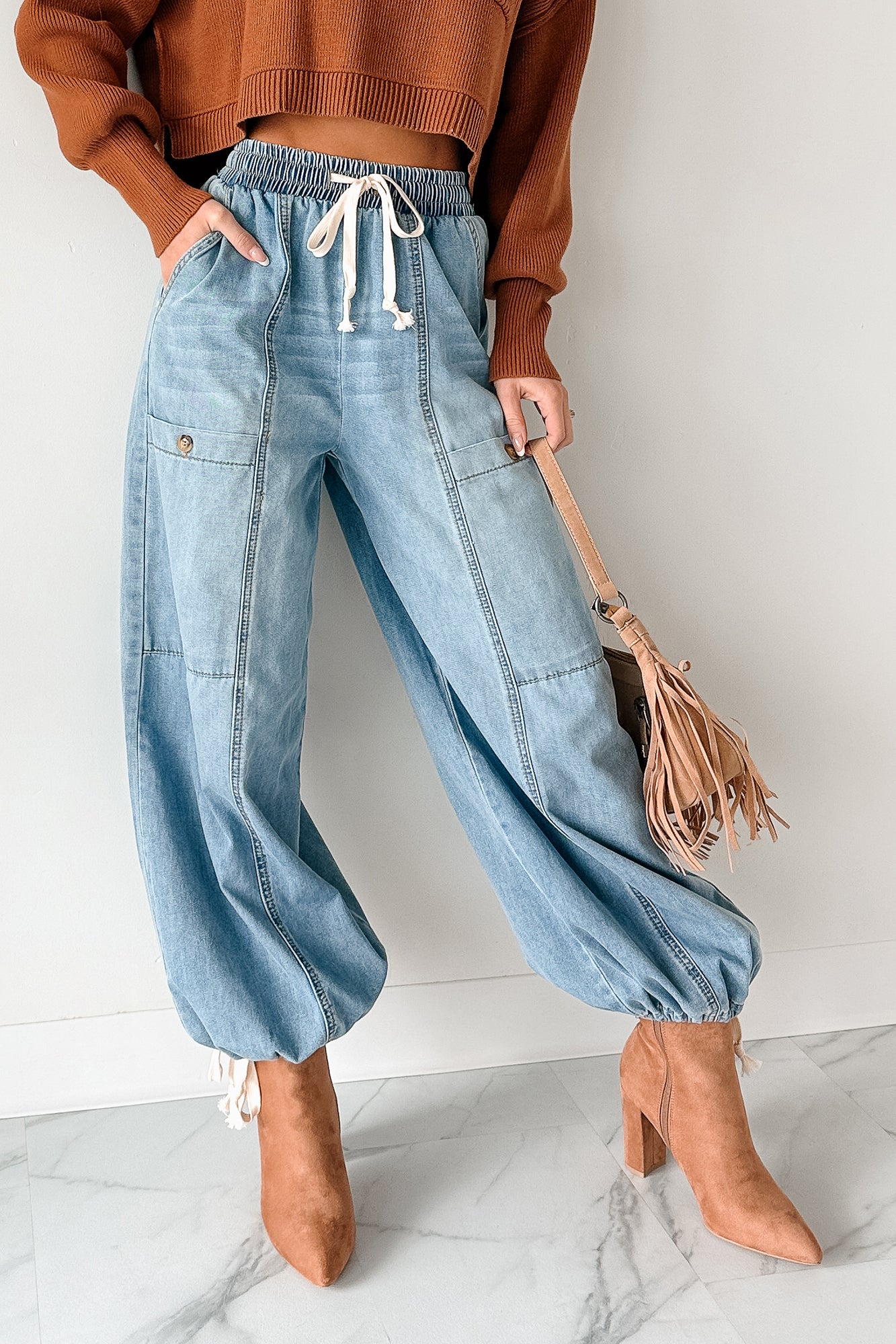 Restless Soul Denim Wide Leg Drawstring Pants (Light) · NanaMacs