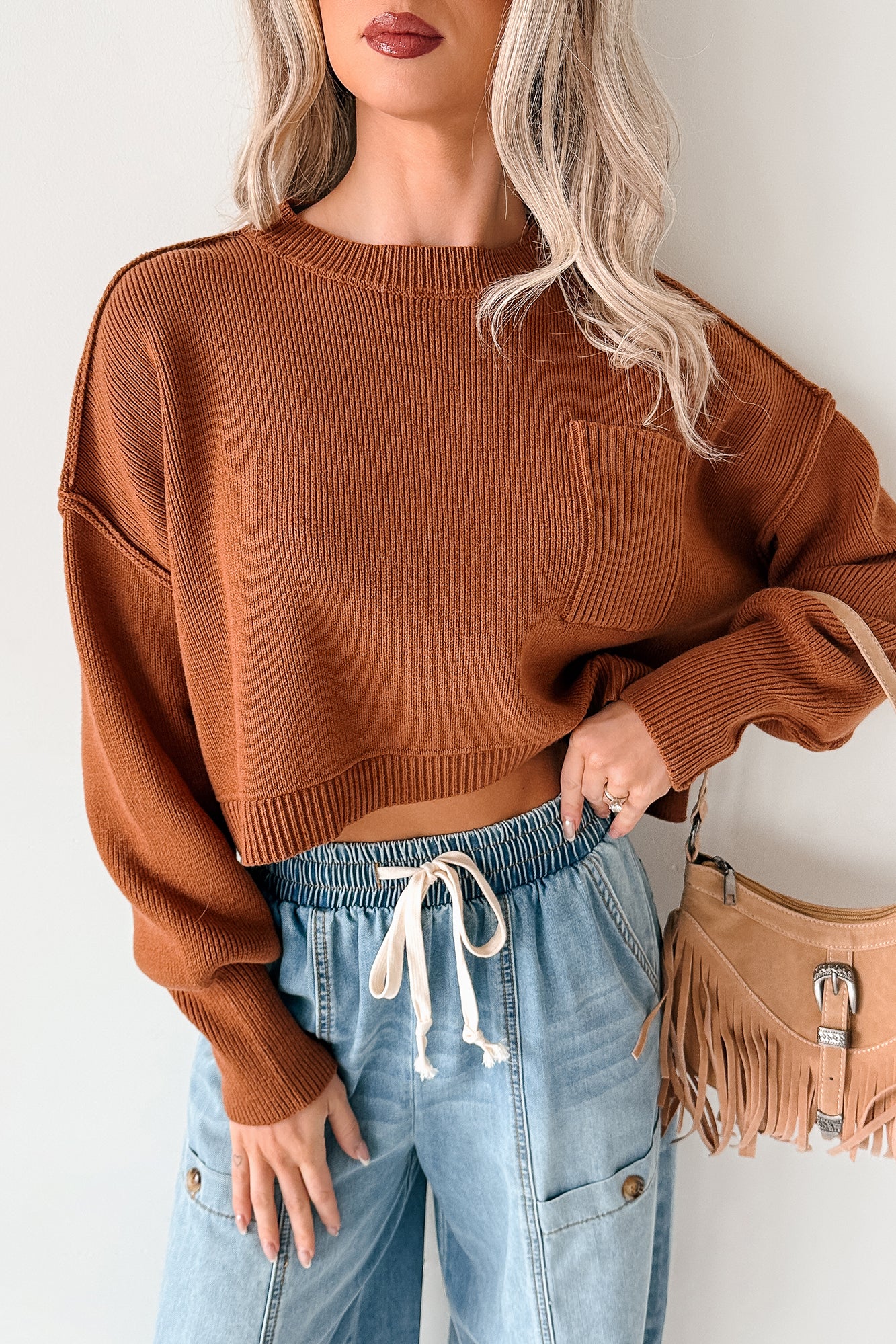 Warm December Ribbed Crop Sweater (Brown) - NanaMacs