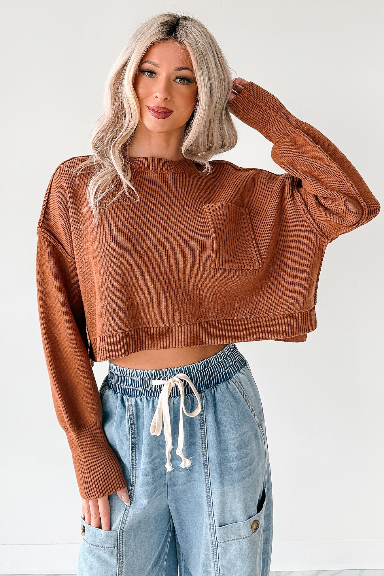 Warm December Ribbed Crop Sweater (Brown) - NanaMacs