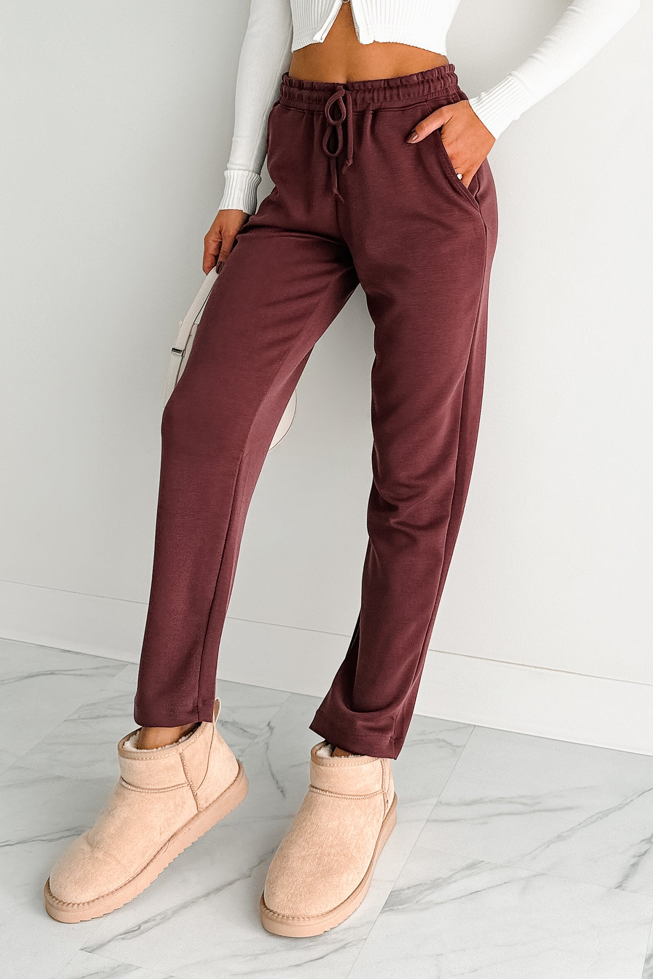 Chasing Goals Soft Front Tie Cropped Jogger Pants (Maroon) - NanaMacs