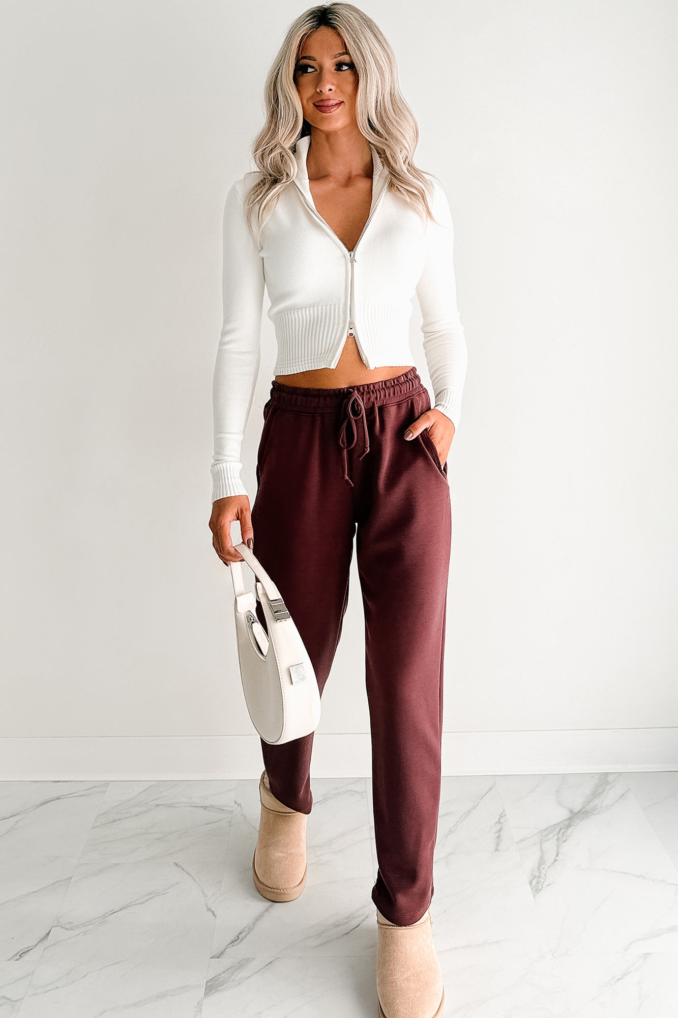 Chasing Goals Soft Front Tie Cropped Jogger Pants (Maroon) - NanaMacs