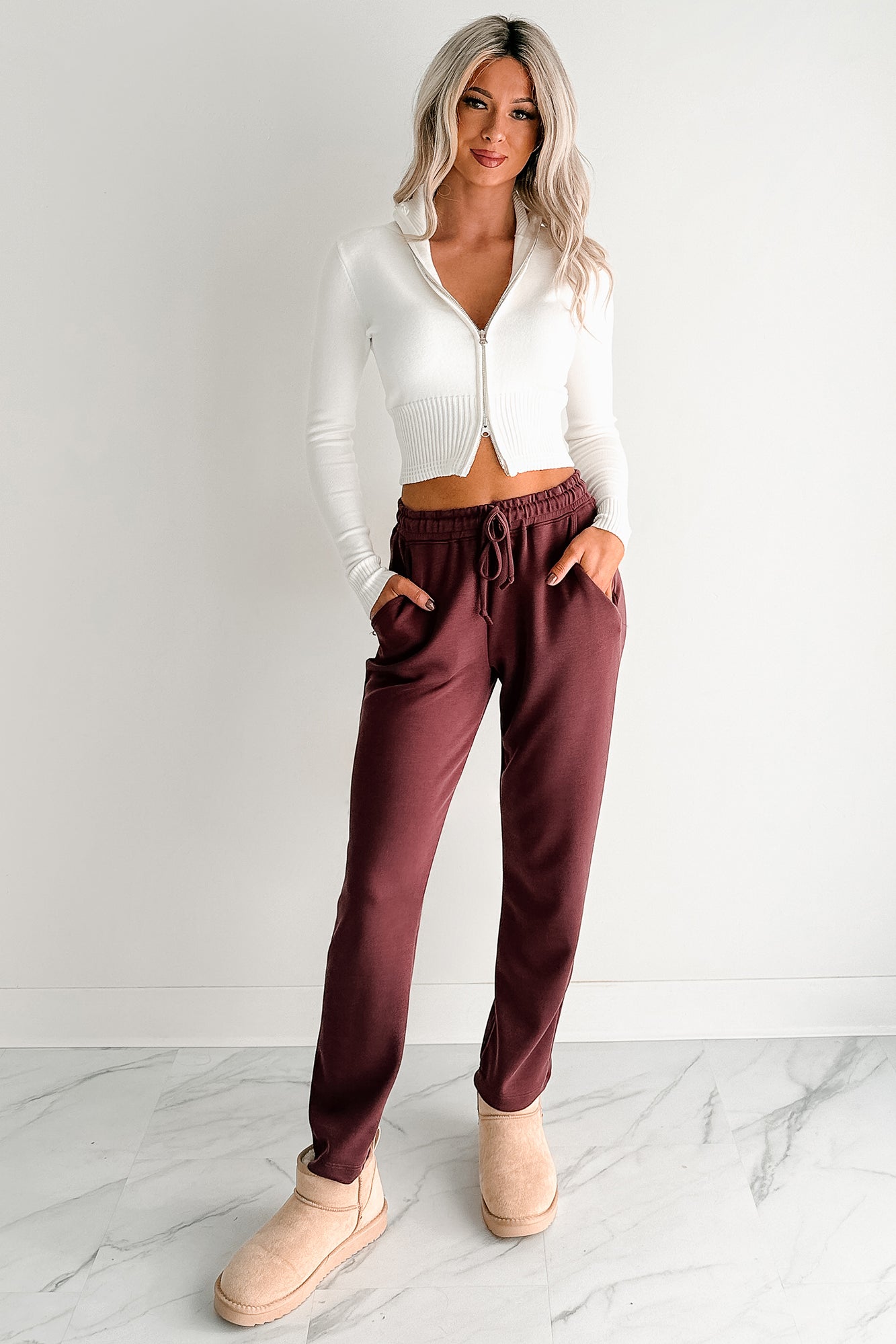 Chasing Goals Soft Front Tie Cropped Jogger Pants (Maroon) - NanaMacs