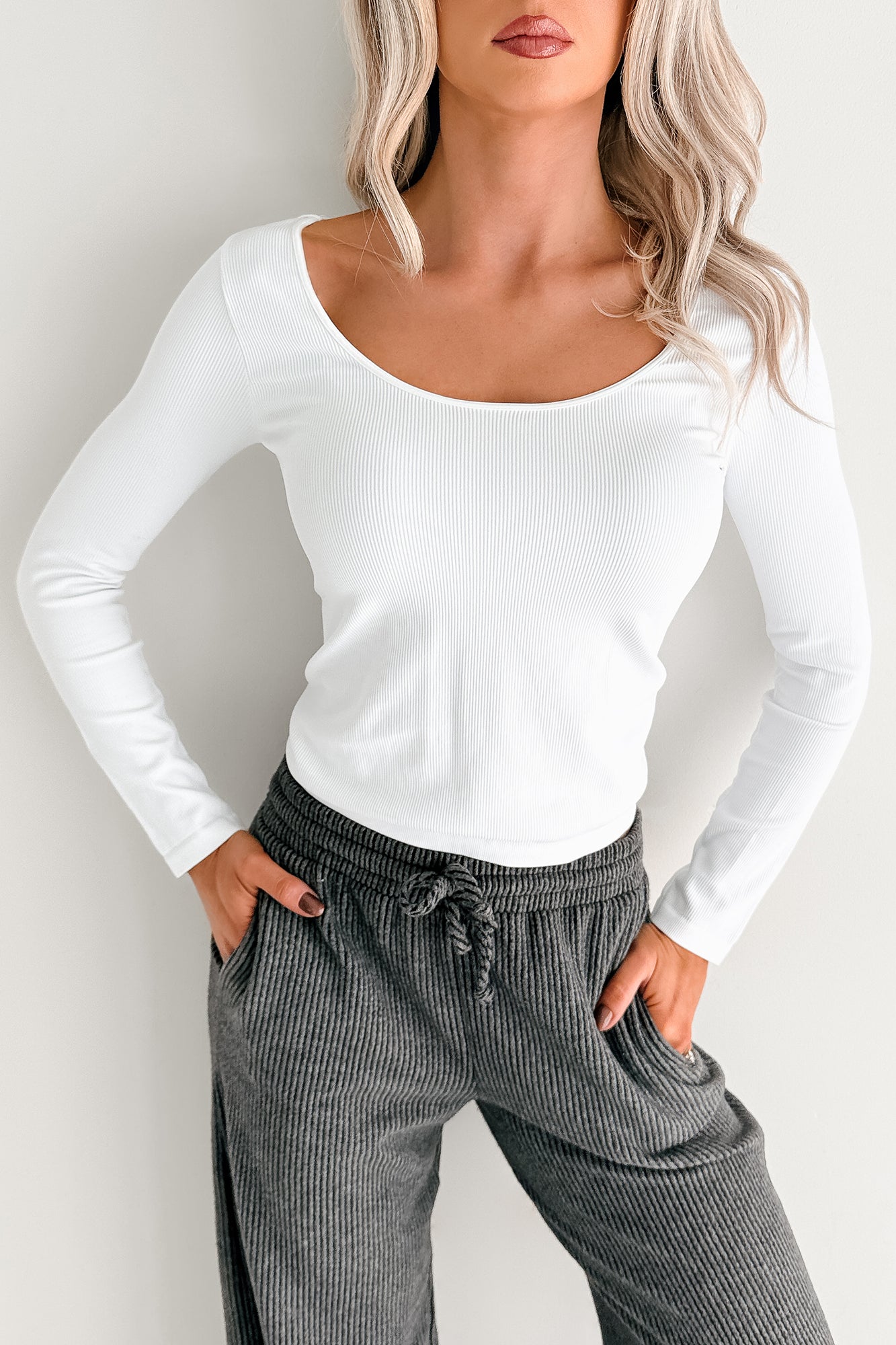 Natural Glow Scoop Neck Ribbed Top (White) - NanaMacs