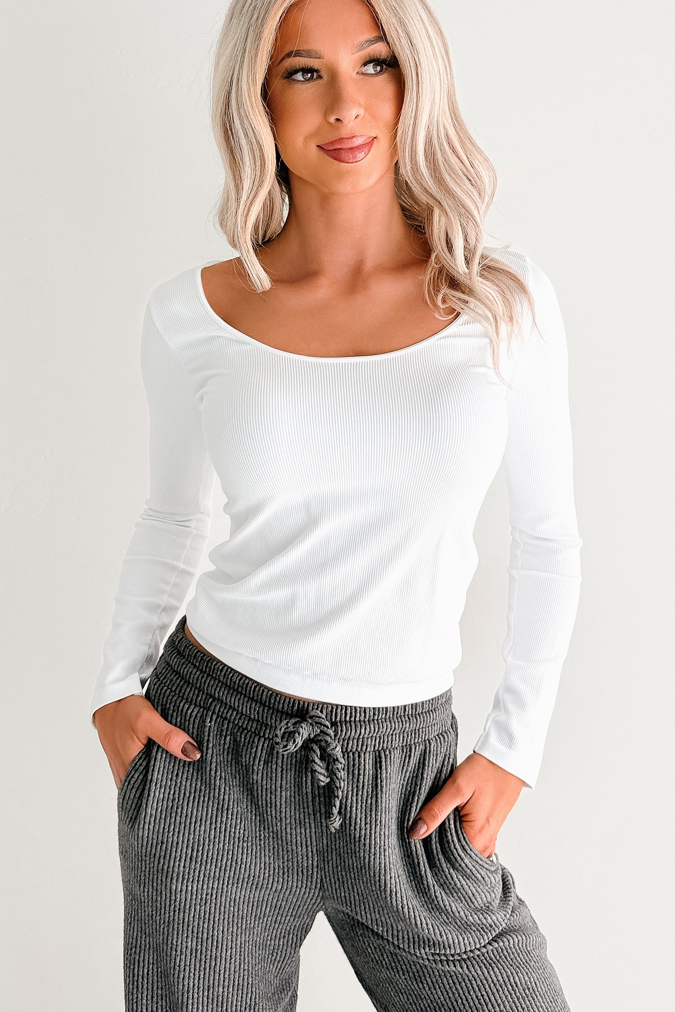 Natural Glow Scoop Neck Ribbed Top (White) - NanaMacs
