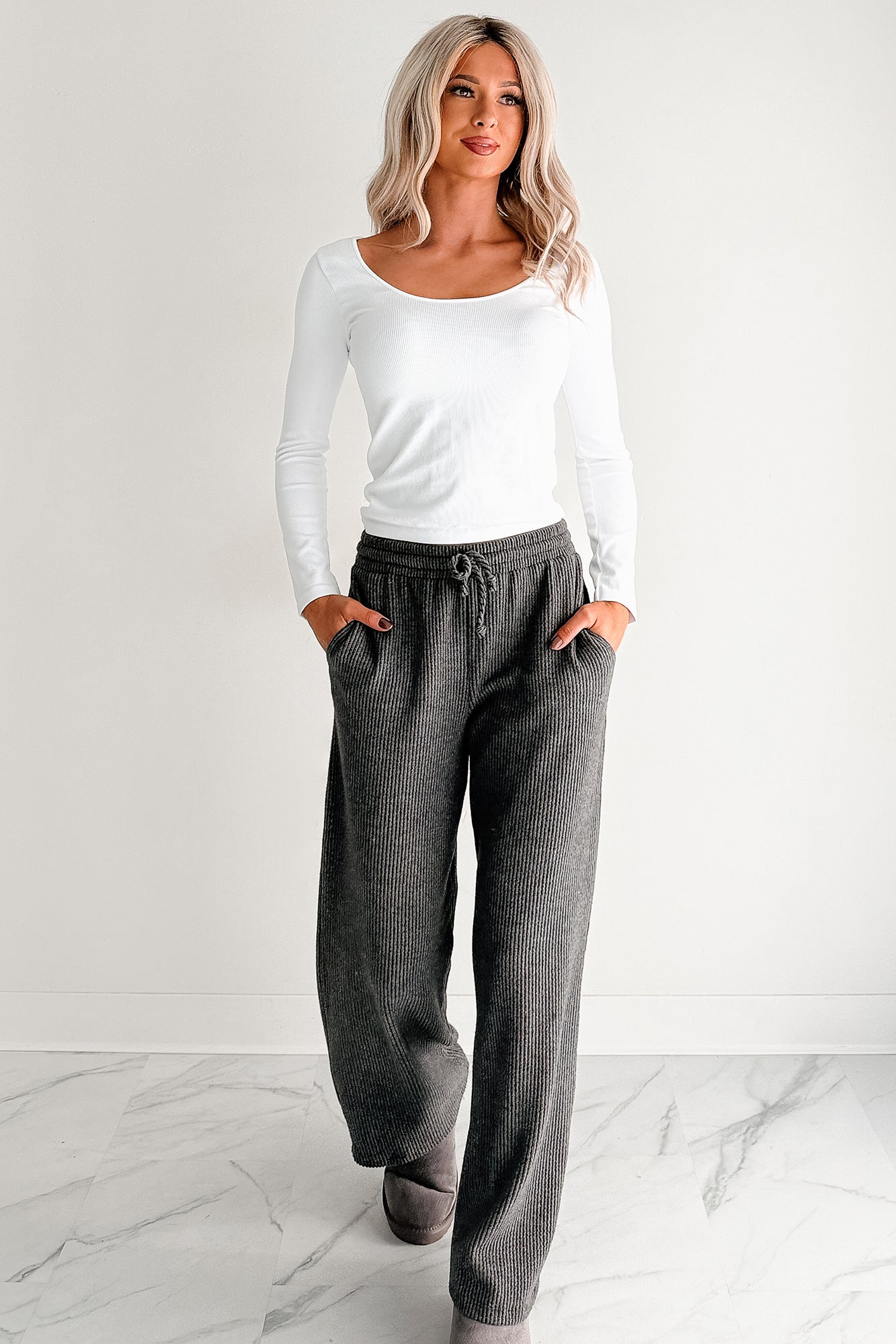 Cozy Feeling Ribbed Wide Leg Pants (Charcoal) - NanaMacs
