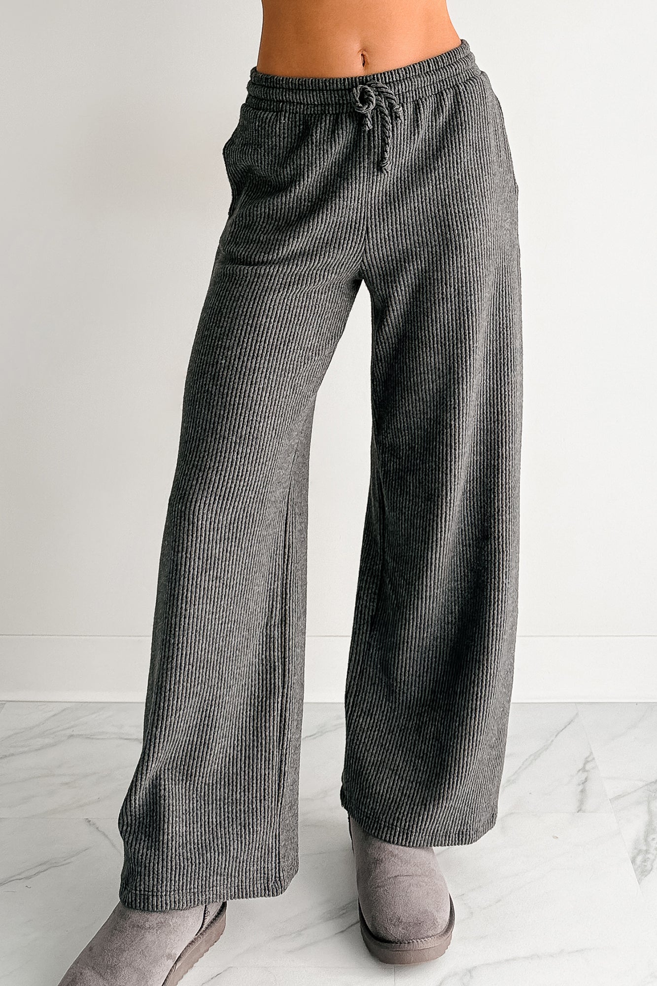 Cozy Feeling Ribbed Wide Leg Pants (Charcoal) - NanaMacs