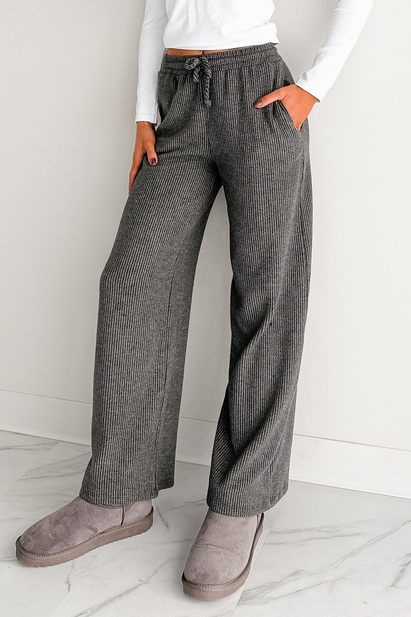 Cozy Feeling Ribbed Wide Leg Pants (Charcoal) - NanaMacs