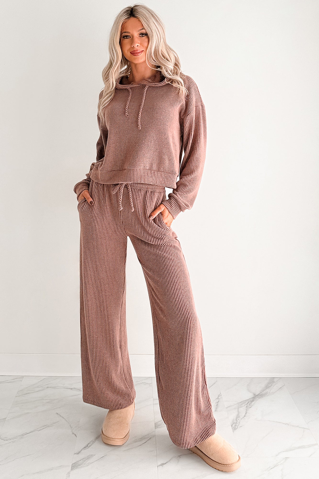 Cozy Feeling Ribbed Wide Leg Pants (Red Brown) - NanaMacs