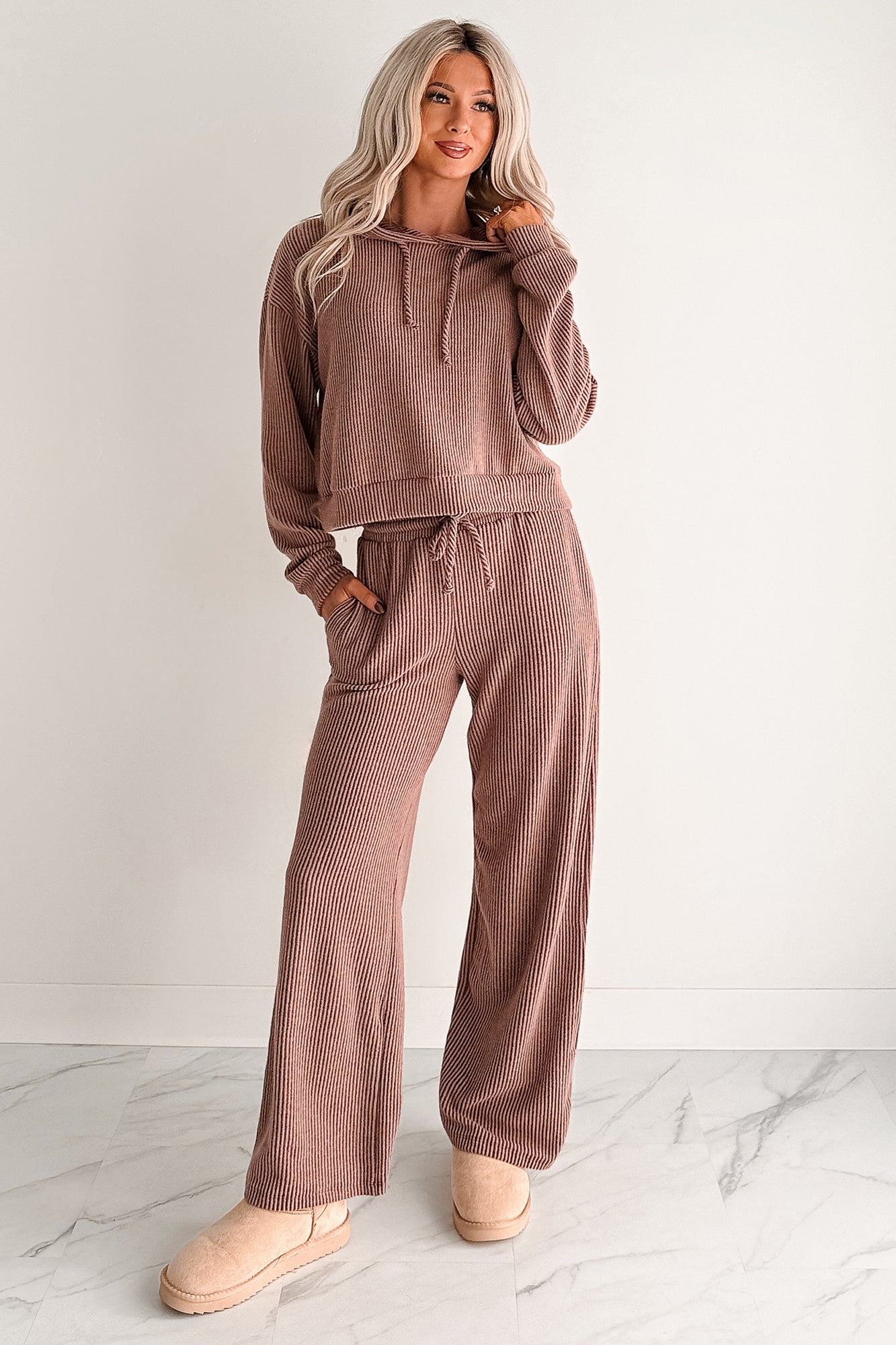 Cozy Feeling Ribbed Wide Leg Pants (Red Brown) - NanaMacs