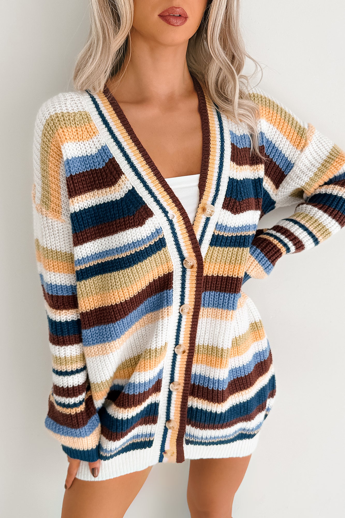 Carefree Comfort Striped Knit Cardigan (Blue/Multi) - NanaMacs