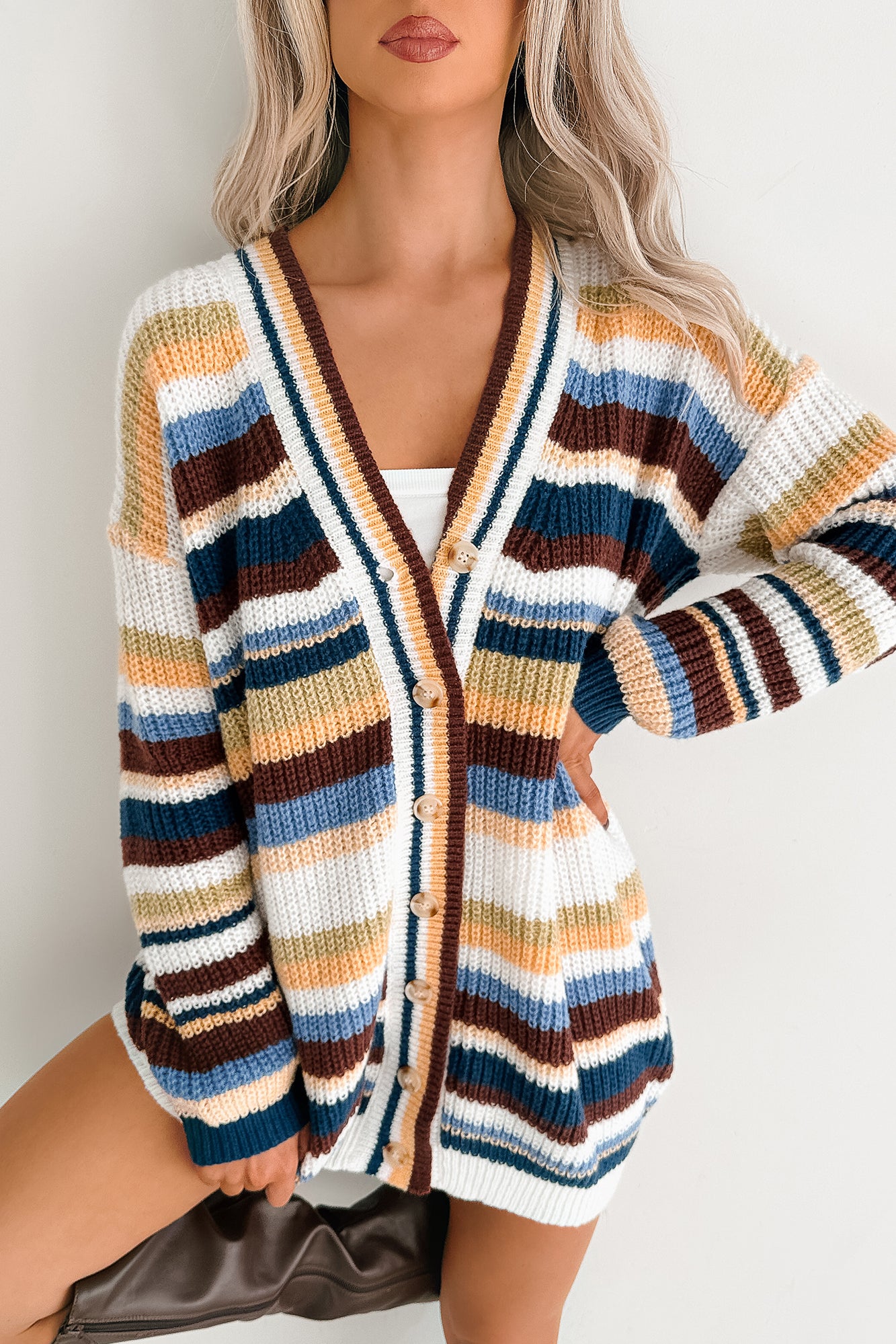 Carefree Comfort Striped Knit Cardigan (Blue/Multi) - NanaMacs