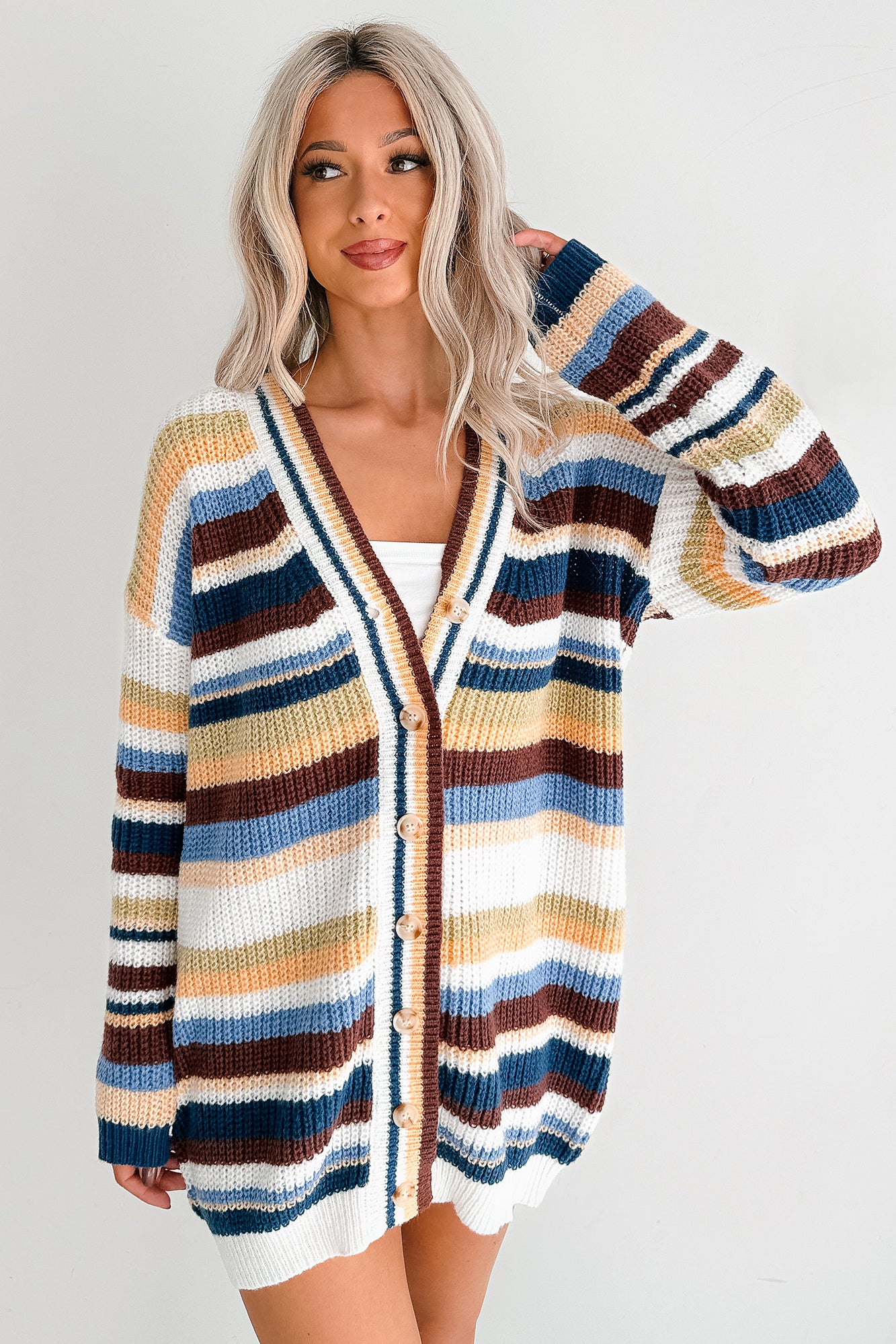 Carefree Comfort Striped Knit Cardigan (Blue/Multi) - NanaMacs