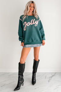 "Jolly" Fleece Embroidery Sweater (Hunter Green) - NanaMacs