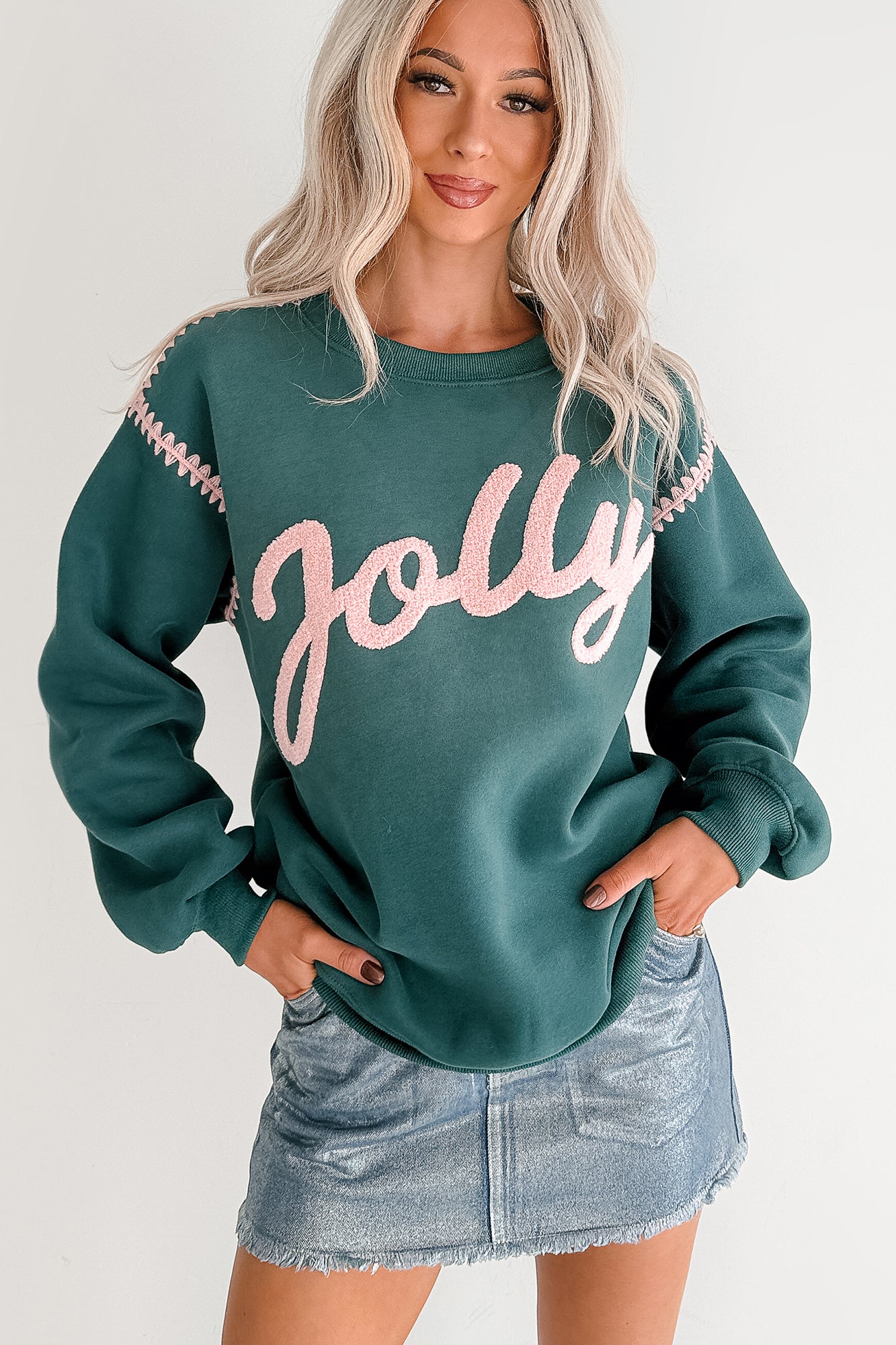 "Jolly" Fleece Embroidery Sweater (Hunter Green) - NanaMacs