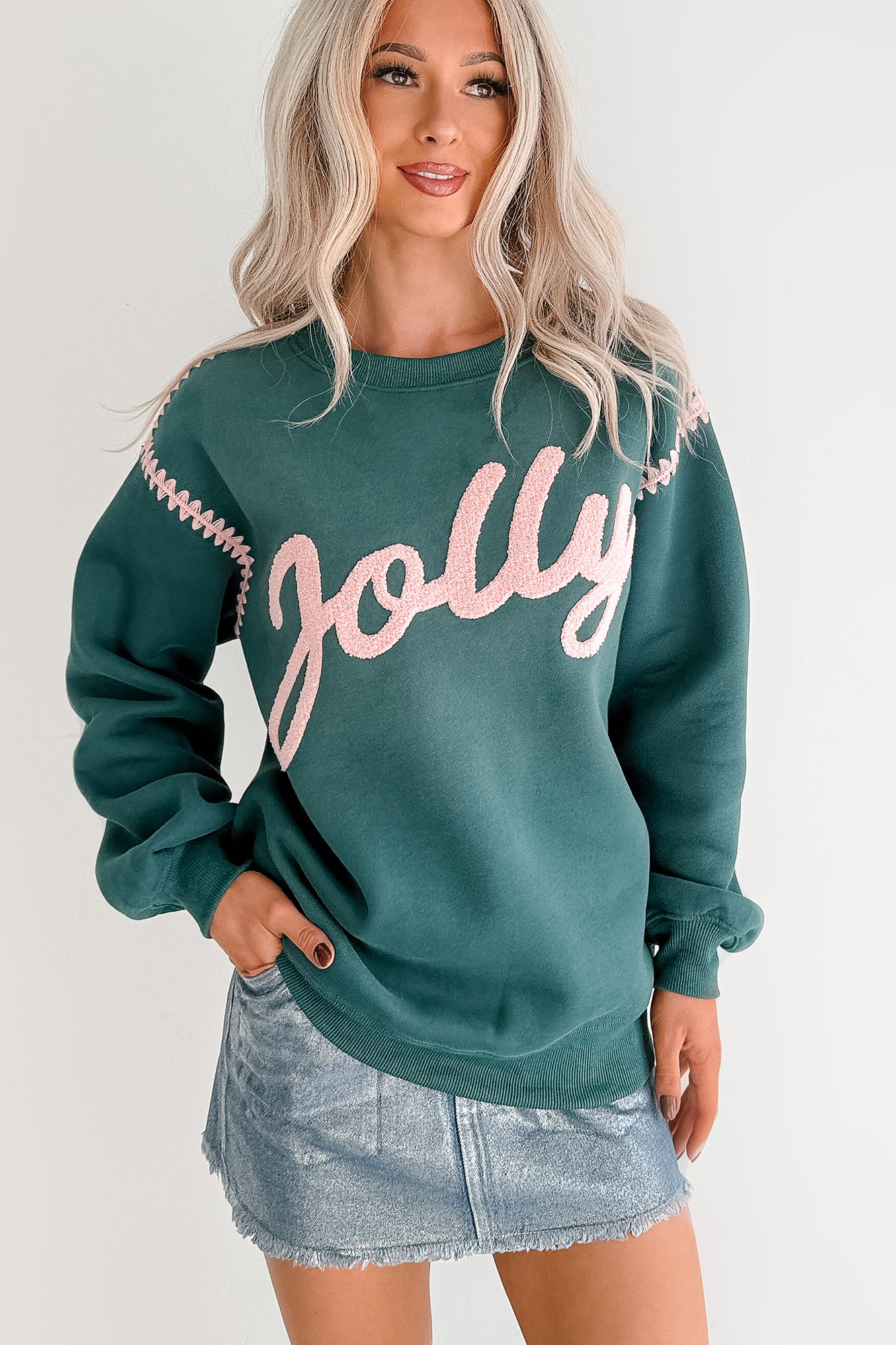 "Jolly" Fleece Embroidery Sweater (Hunter Green) - NanaMacs