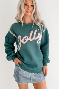 "Jolly" Fleece Embroidery Sweater (Hunter Green) - NanaMacs