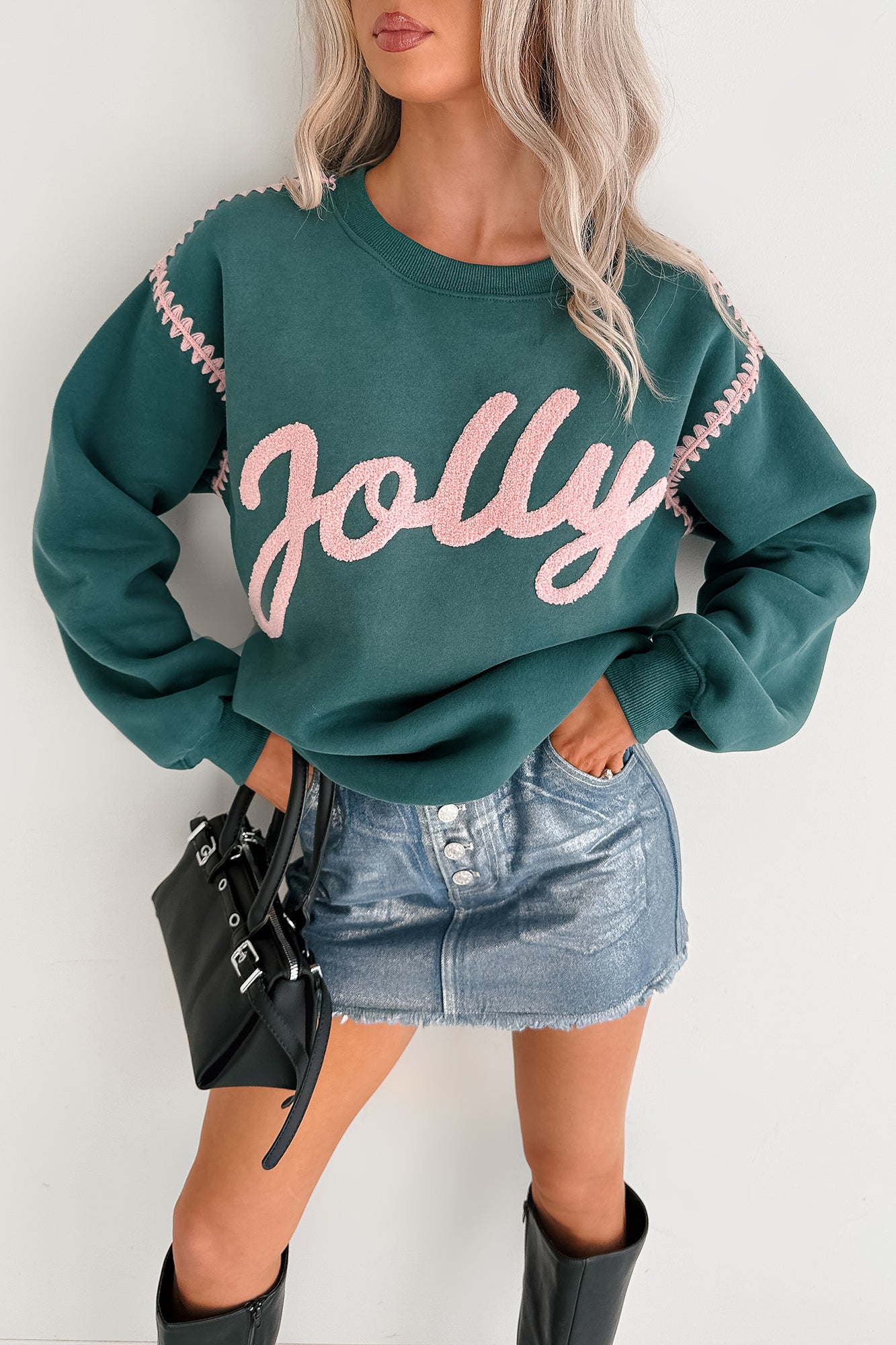 "Jolly" Fleece Embroidery Sweater (Hunter Green) - NanaMacs