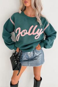 "Jolly" Fleece Embroidery Sweater (Hunter Green) - NanaMacs