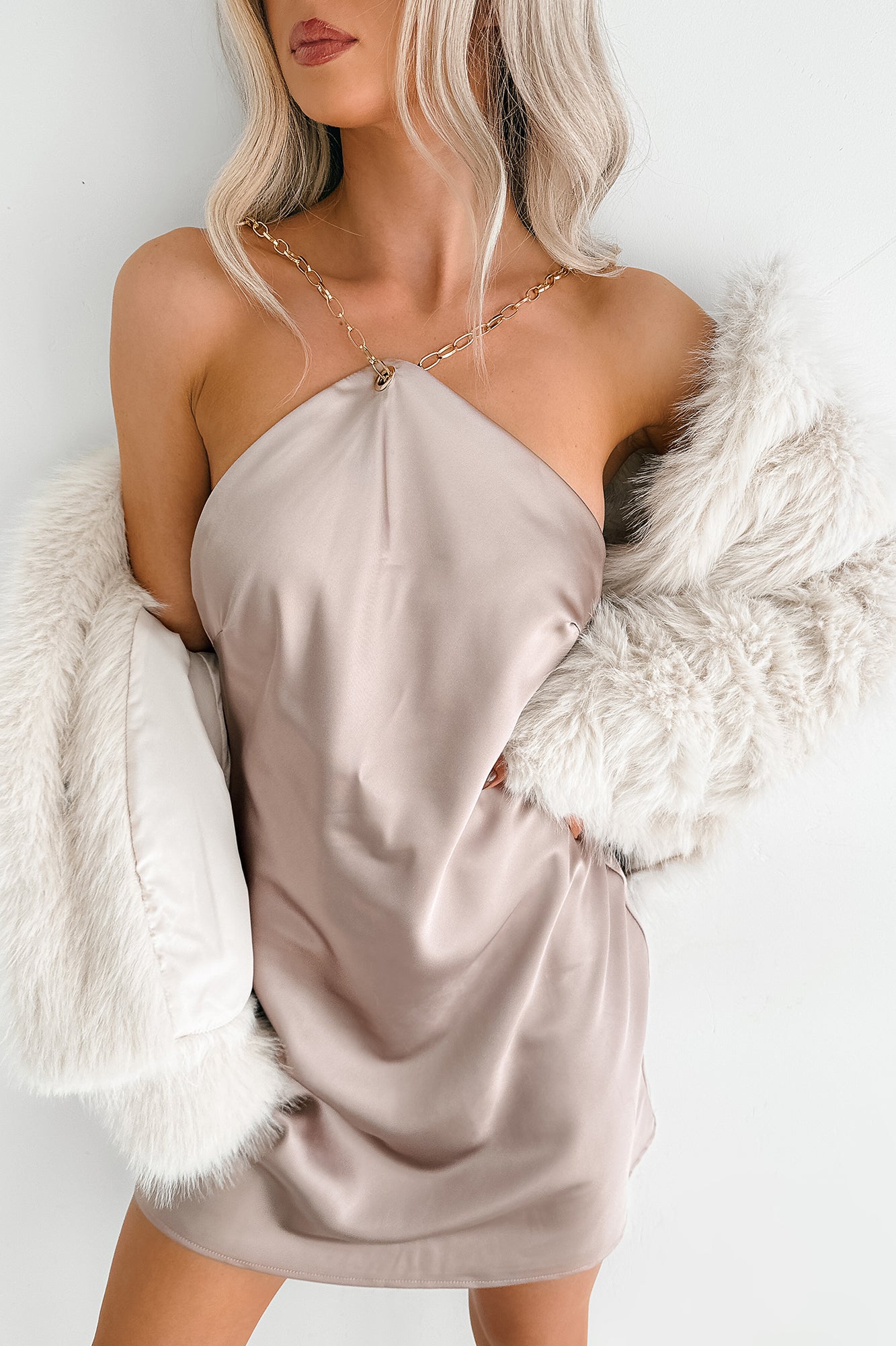 Fierce Living Chain Halter Satin Mini Dress (Rose Taupe) - NanaMacs