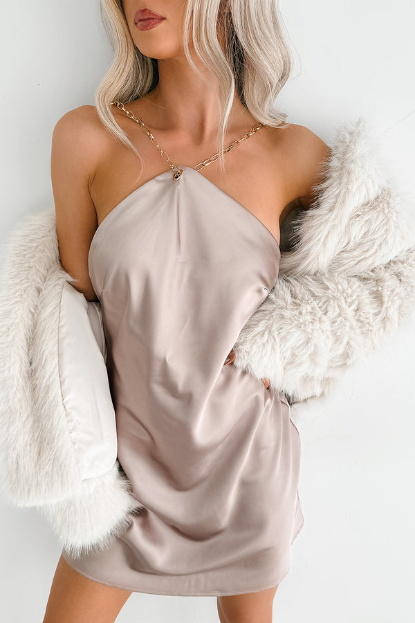Fierce Living Chain Halter Satin Mini Dress (Rose Taupe)