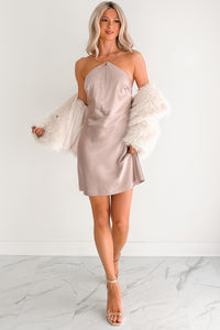 Fierce Living Chain Halter Satin Mini Dress (Rose Taupe) - NanaMacs