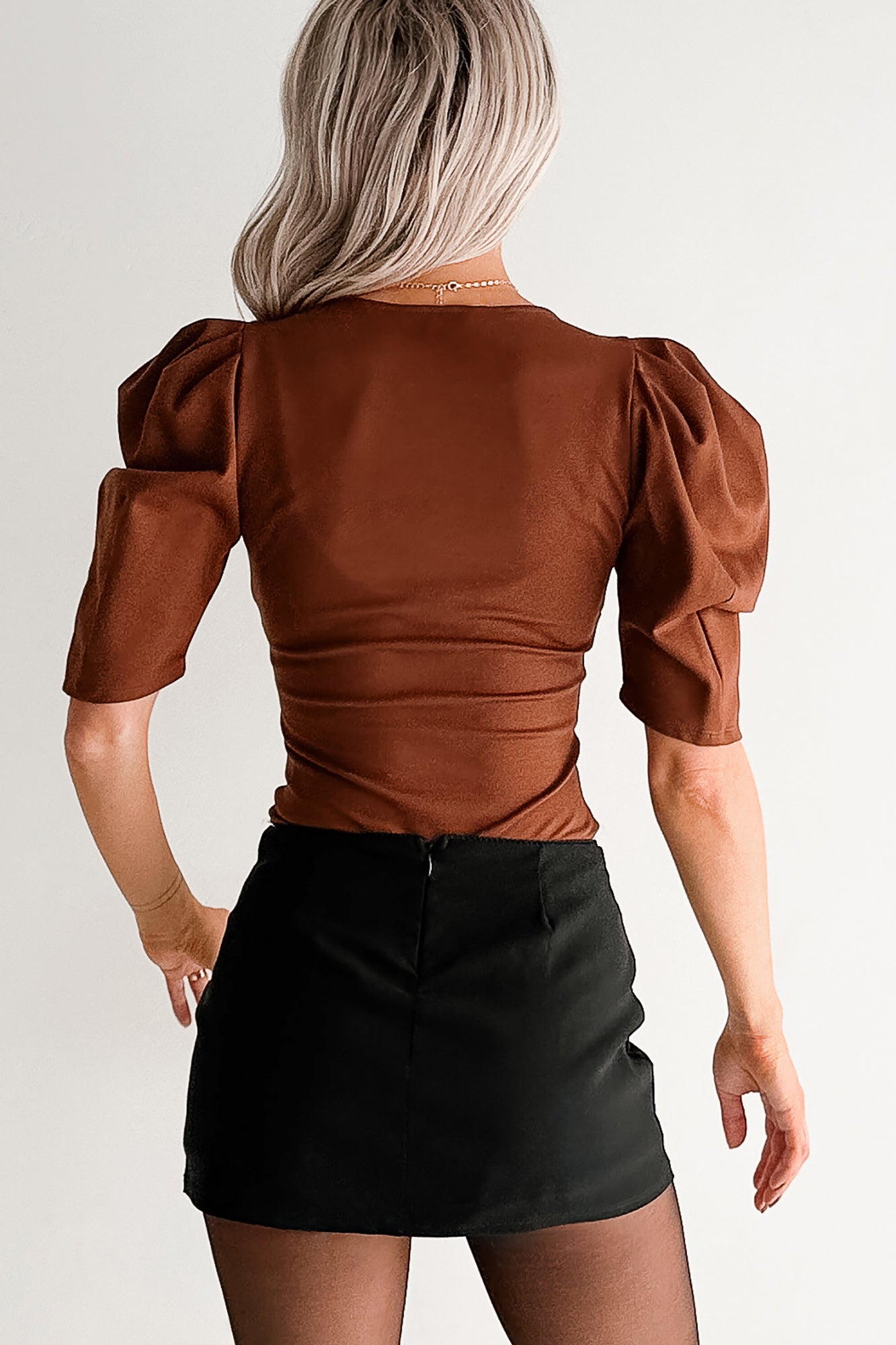 Limitless Nights Deep V Puff Sleeve FORE Bodysuit (Chocolate)