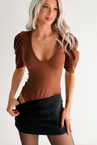 Limitless Nights Deep V Puff Sleeve FORE Bodysuit (Chocolate)