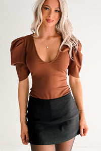 Limitless Nights Deep V Puff Sleeve FORE Bodysuit (Chocolate)