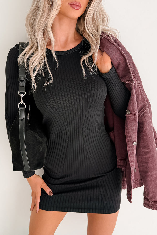Elegant Edge Long Sleeve Ribbed Mini Dress (Black)