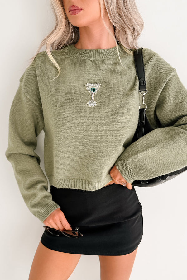 Warm Evenings Martini Bead Crop Sweater (Olive)